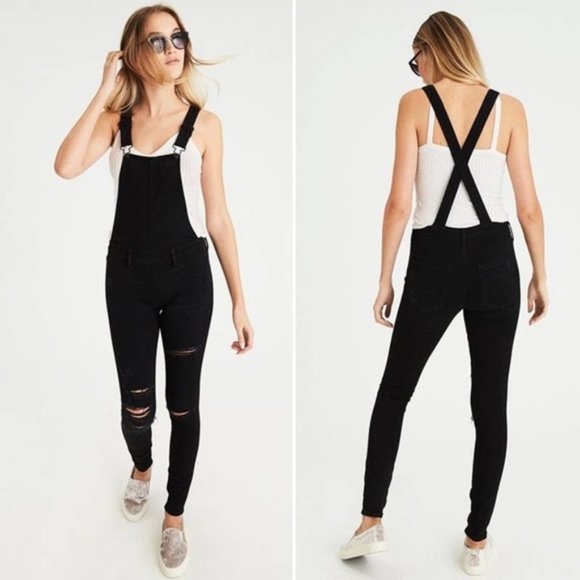 American Eagle Distressed Black Jegging Overalls Size 8 Short - Picture 1 of 9